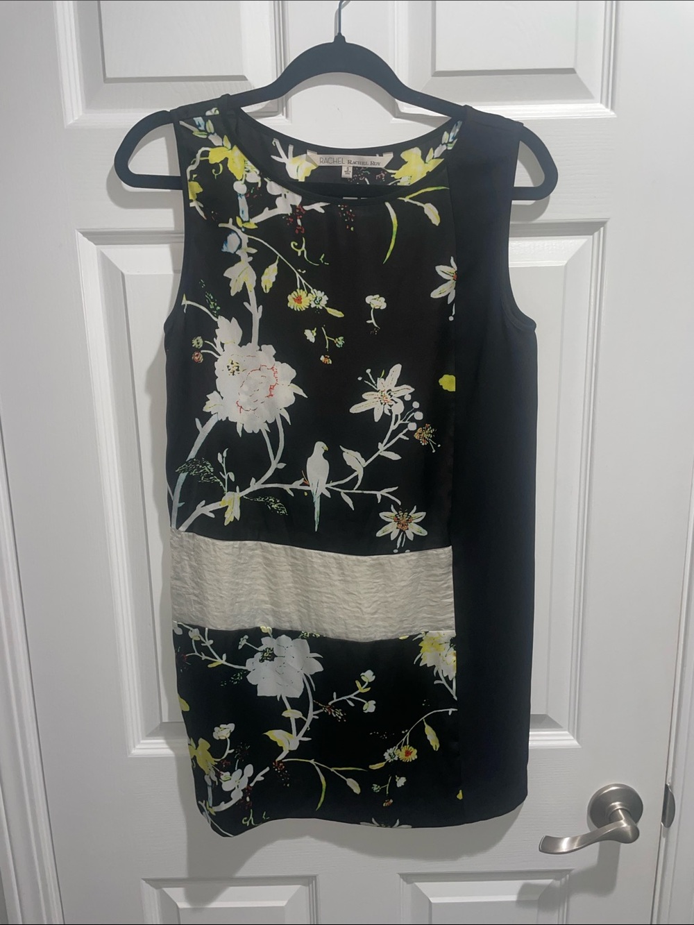 Rachel Roy Black Floral Shift Dress with Ivory Band Accent